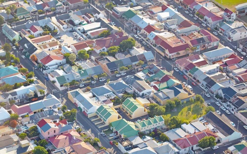 Gutter cleaning across Sydney and surrounding suburbs — aerial view of a dense residential neighbourhood